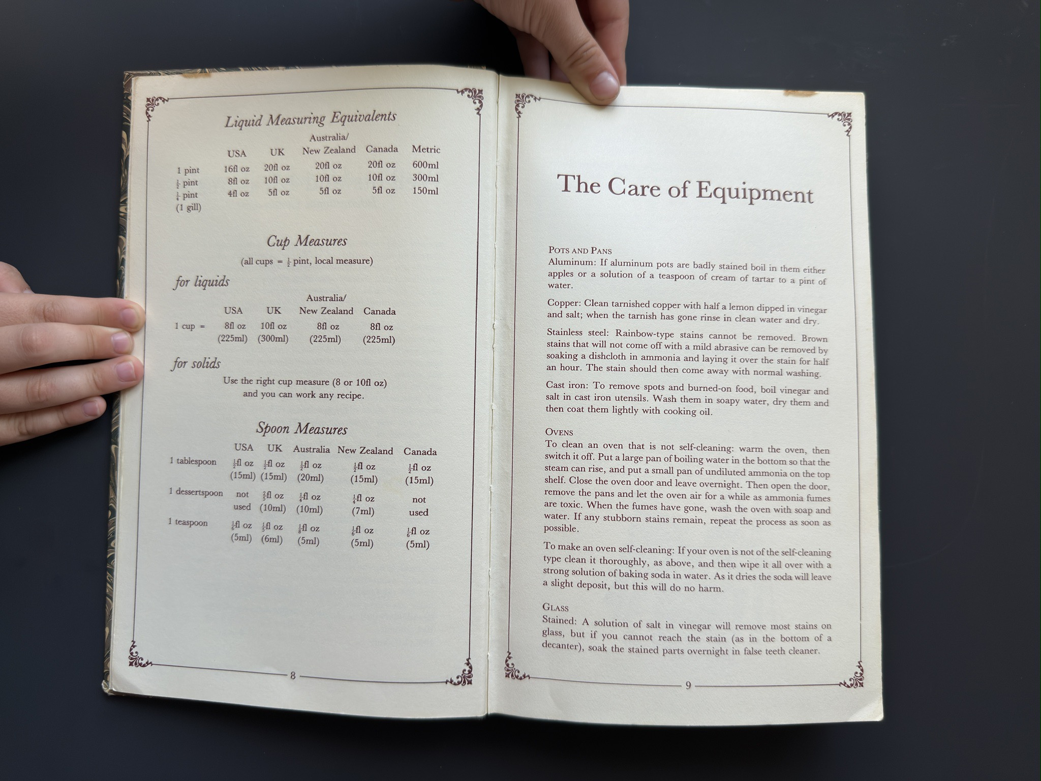 Liquid measures · The care of equipment, pp. 8–9
