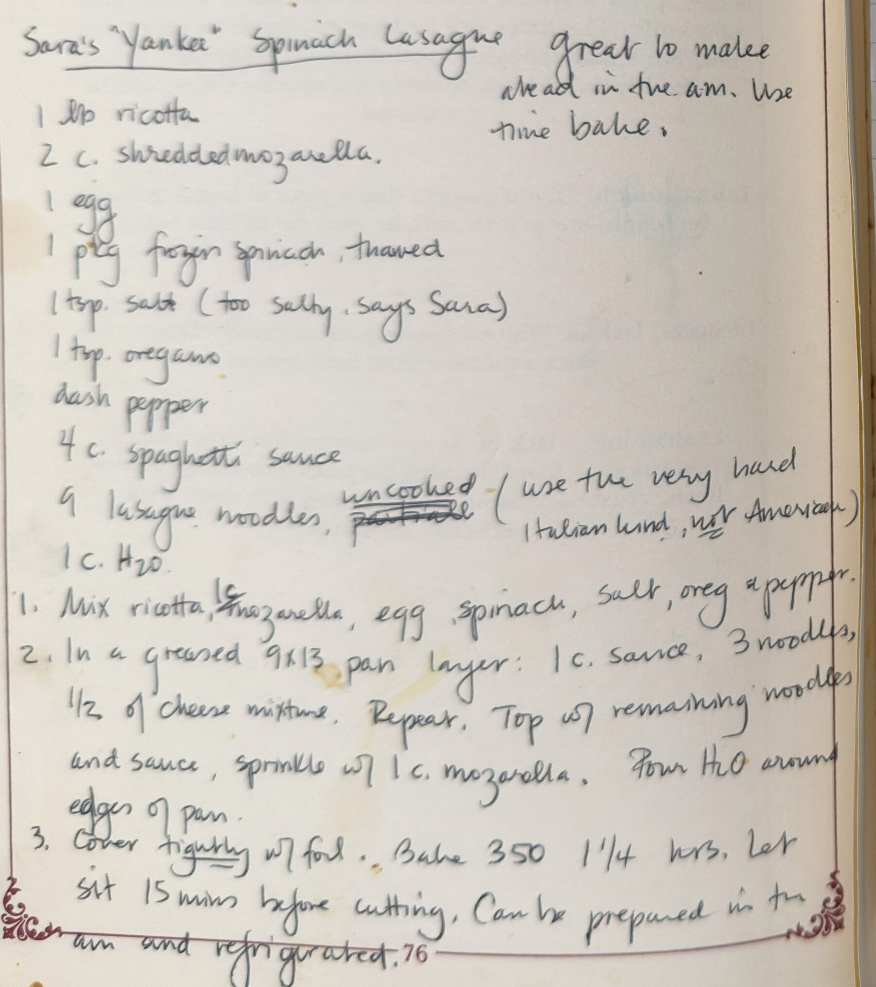 The original: Sara's "Yankee" Spinach Lasagne