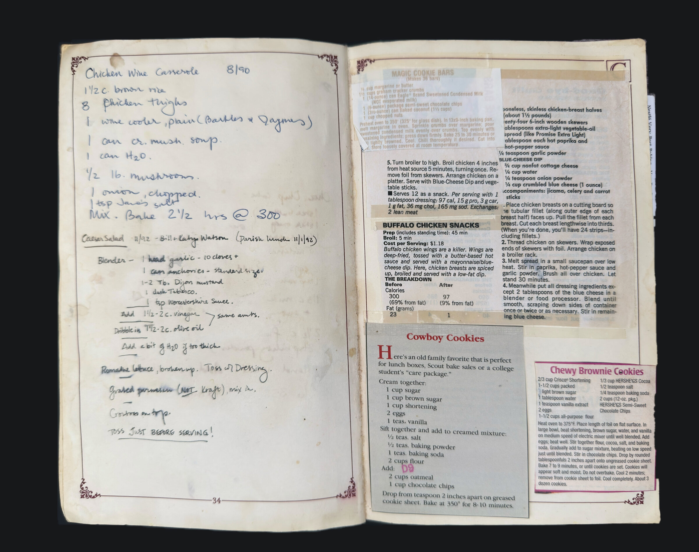 pp. 34–35: Chicken Wine Casserole, Caesar Salad, Magic Cookie Bars, Buffalo Chicken Snacks, Cowboy Cookies, Chewy Brownie Cookies