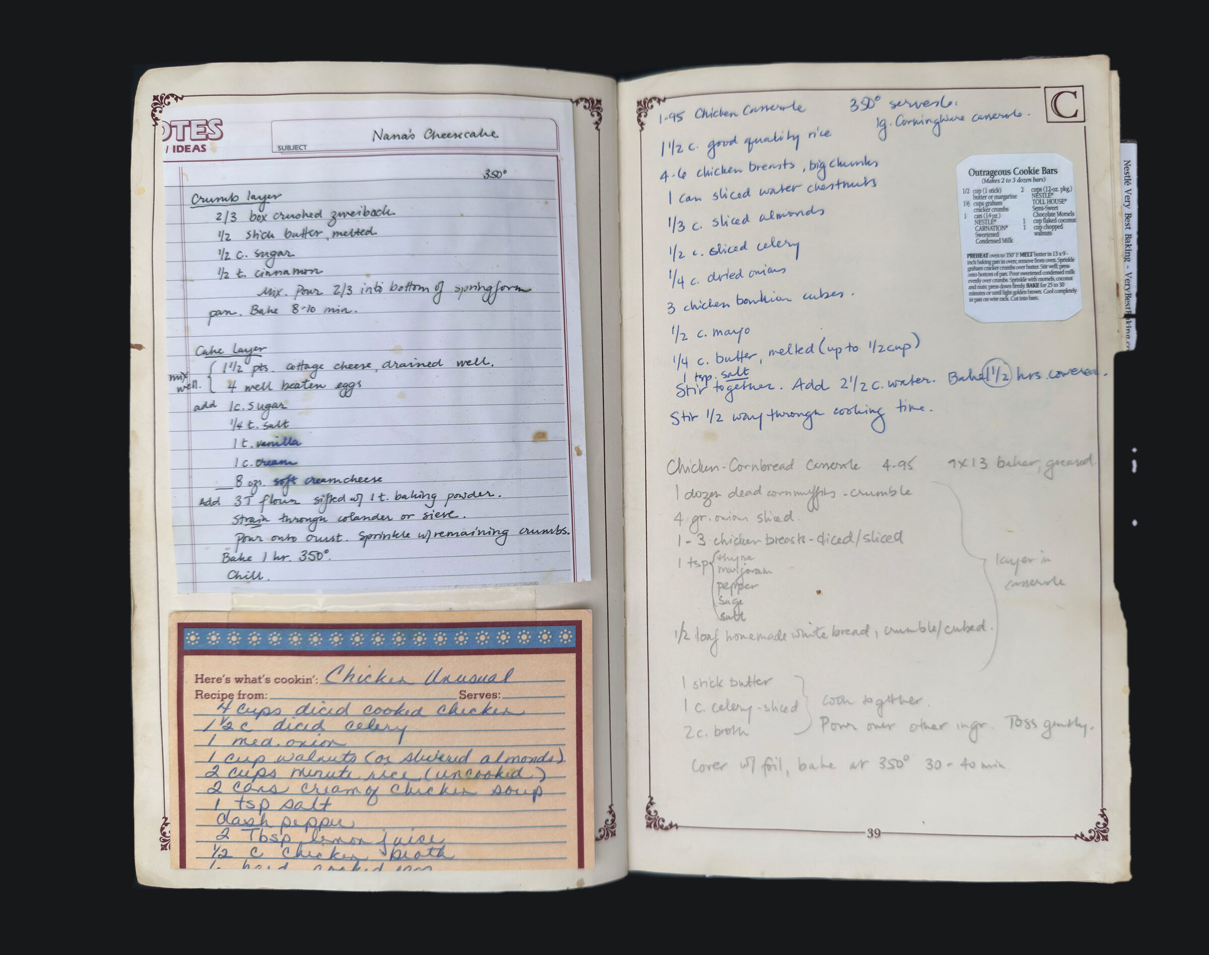 pp. 38–39: Nana's Cheesecake, Chicken Unusual, Chicken Casserole, Outrageous Cookie Bars, Chicken-Cornbread Casserole