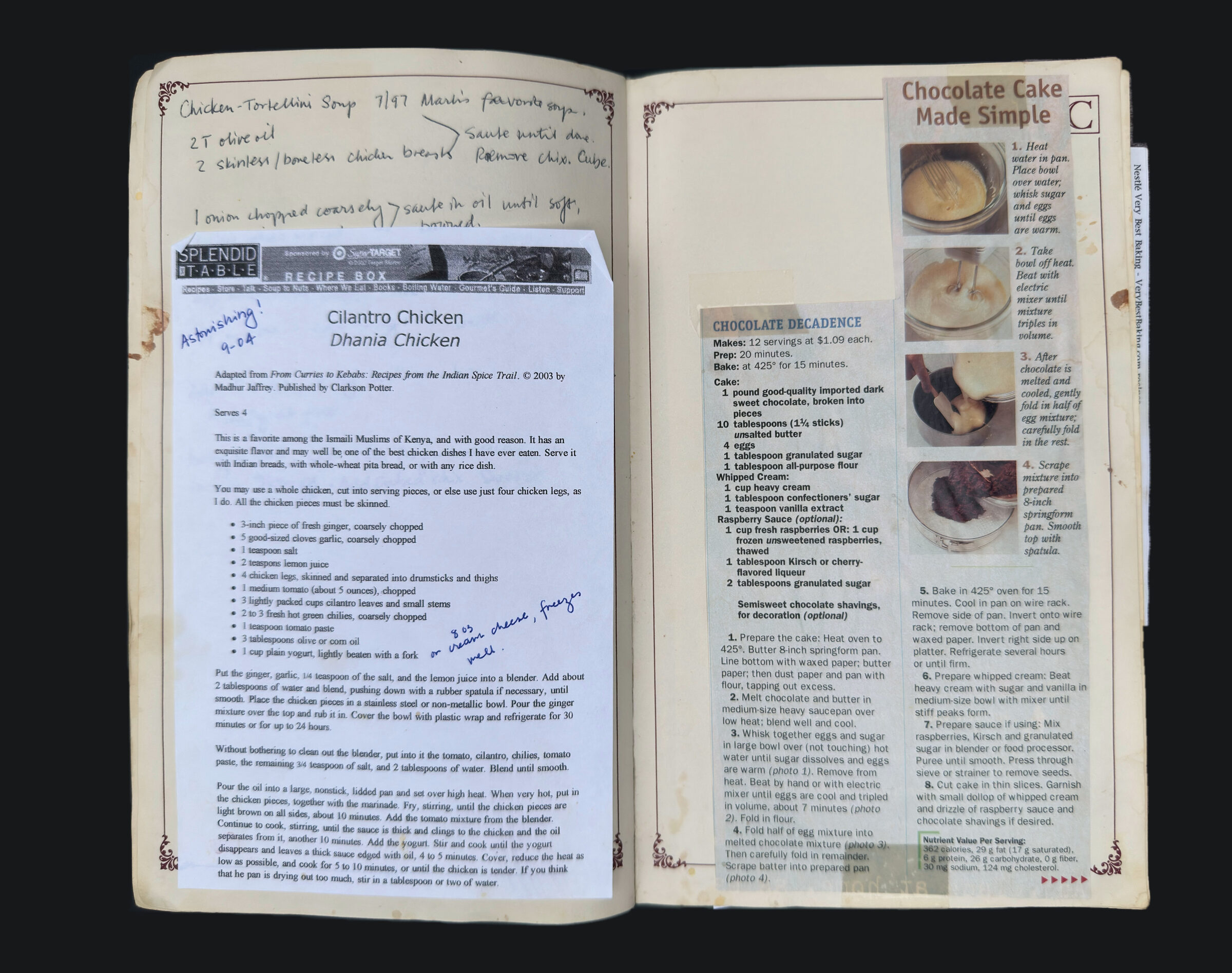 pp. 40–41: Chicken-Tortellini Soup, Cilantro Chicken, Chocolate Decadence