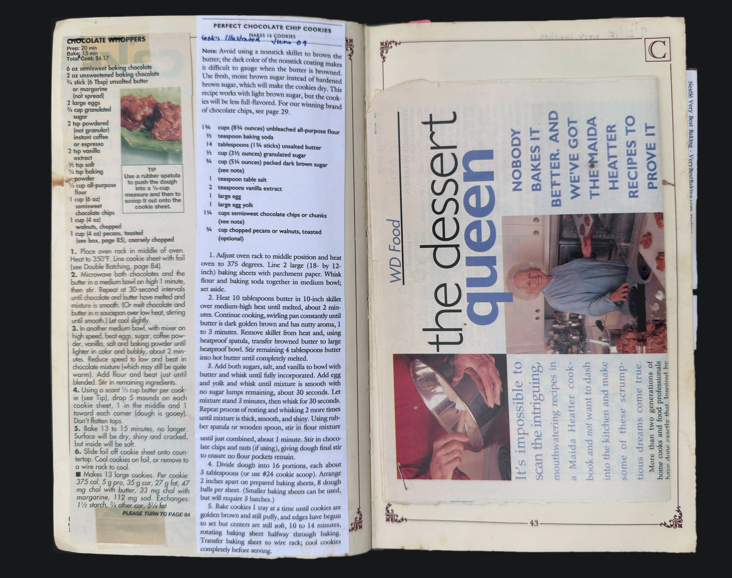 pp. 42–43: Chocolate Whoppers, Perfect Chocolate Chip Cookies, The Dessert Queen