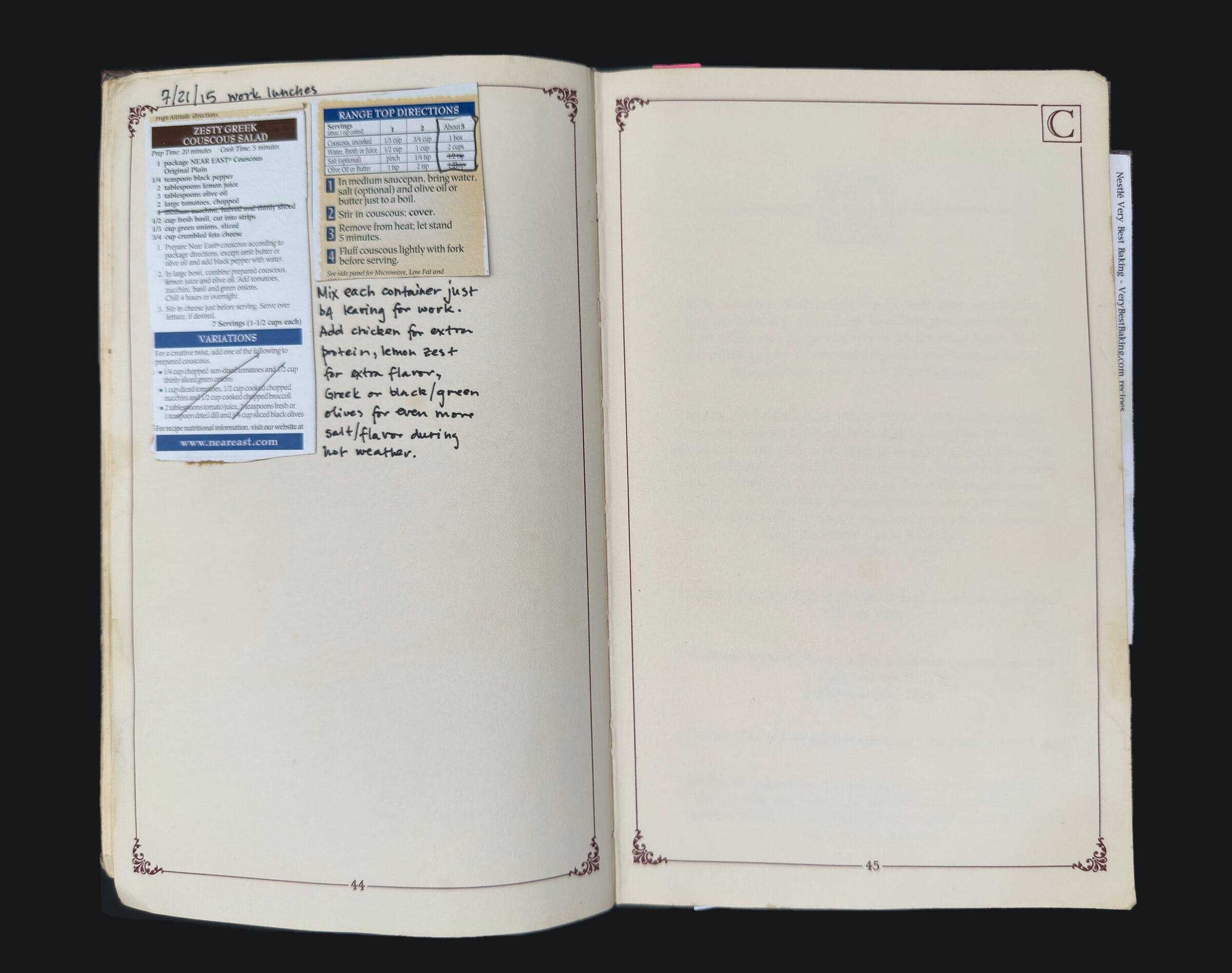 pp. 44–45: Zesty Greek Couscous Salad, Couscous Range Top Directions, Work Lunches