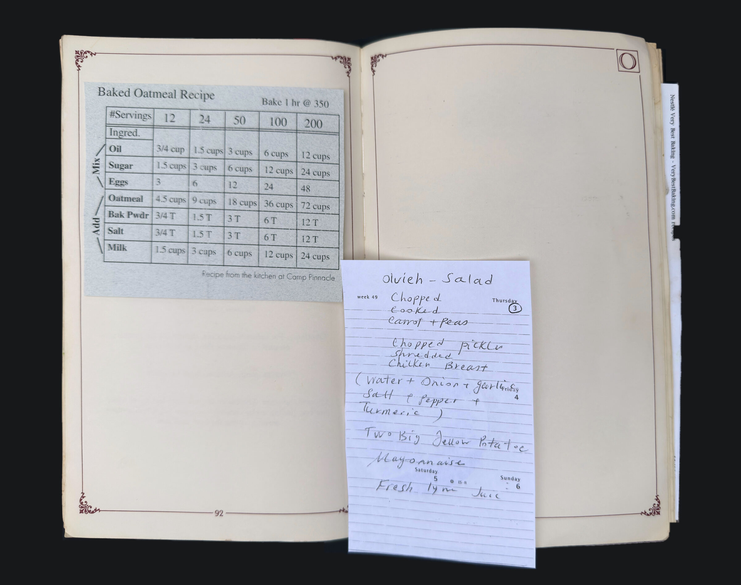 pp. 92–93: Baked Oatmeal, Olvieh Salad