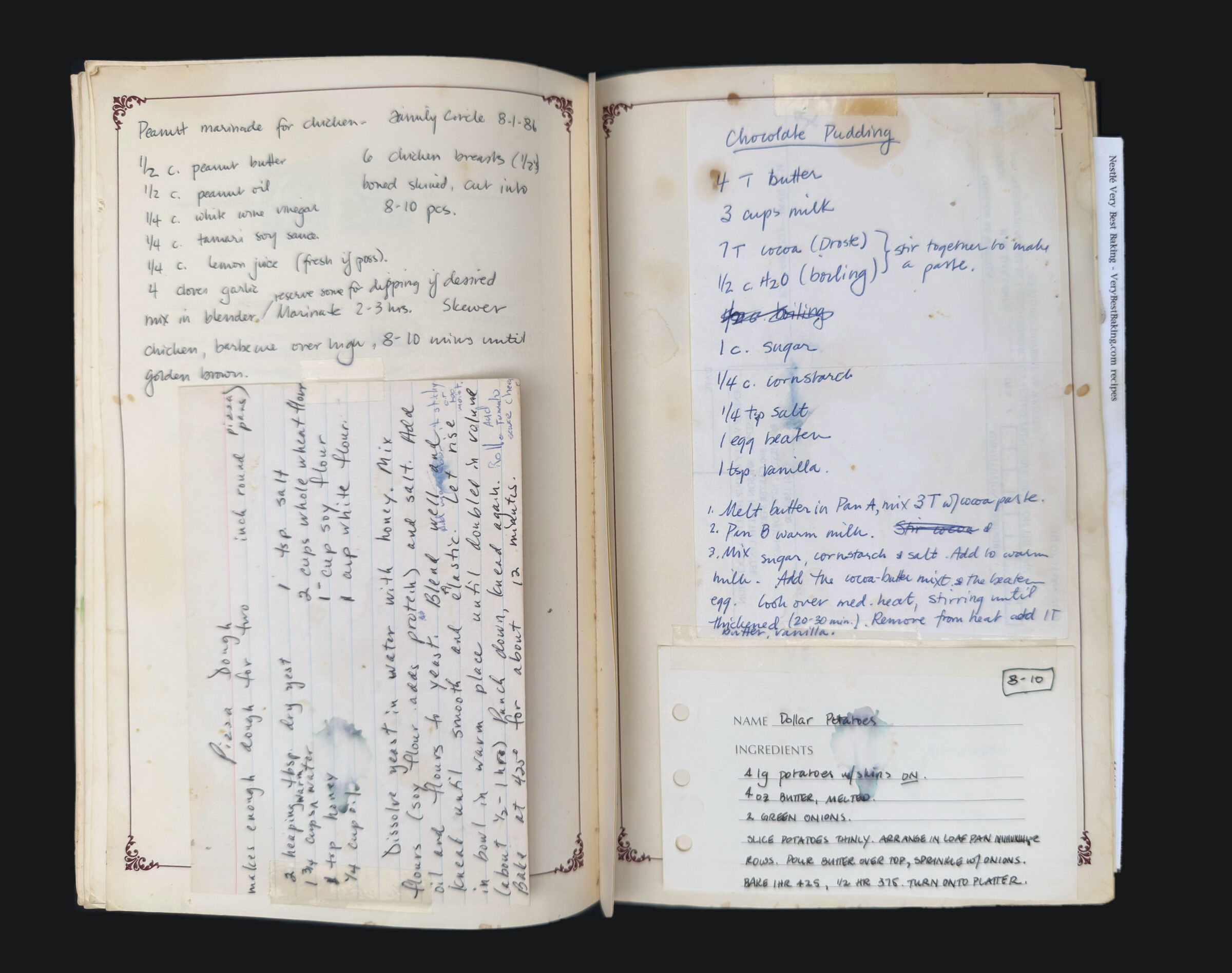 pp. 96–97: Peanut Marinade for Chicken, Pizza Dough, Chocolate Pudding, Dollar Potatoes