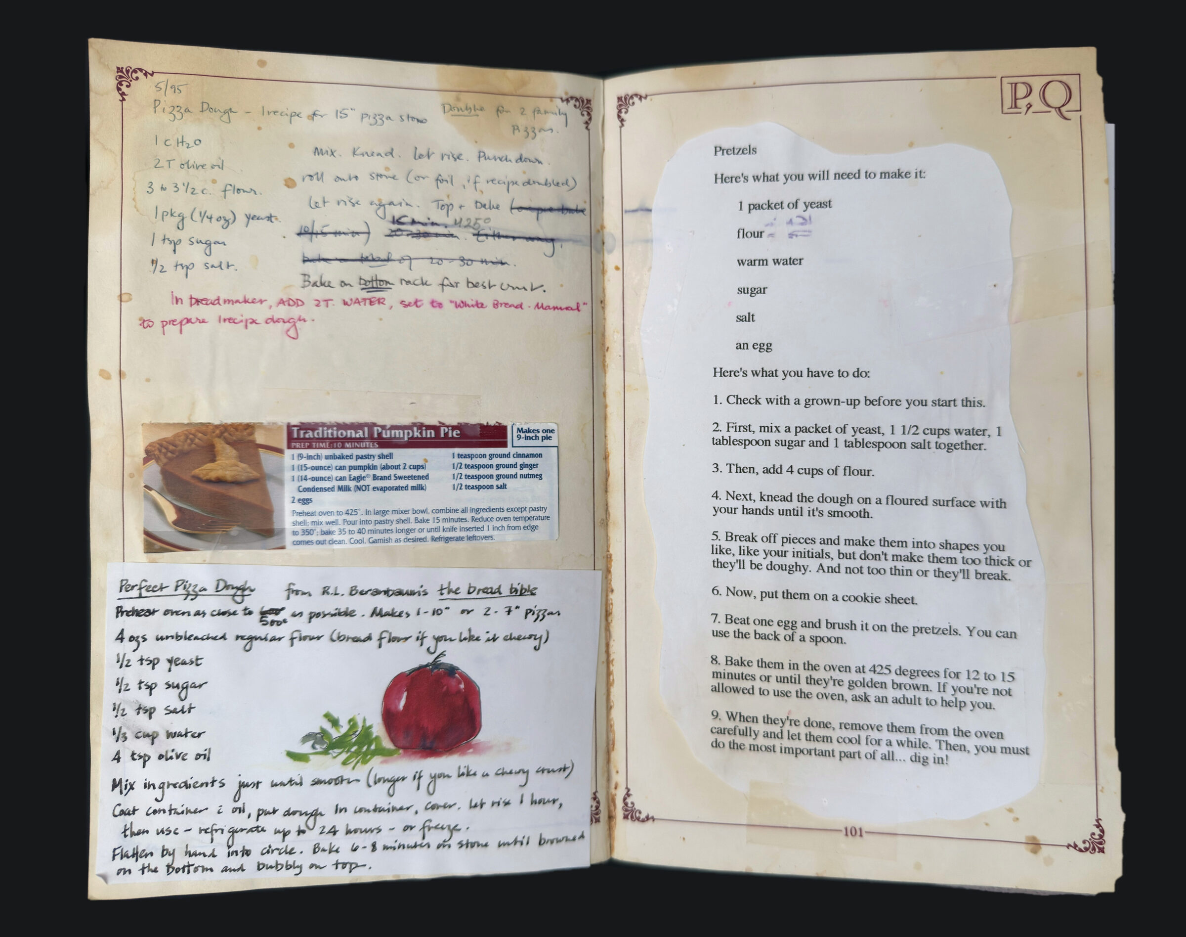pp. 100–101: Pizza Dough, Traditional Pumpkin Pie, Perfect Pizza Dough, Pretzels