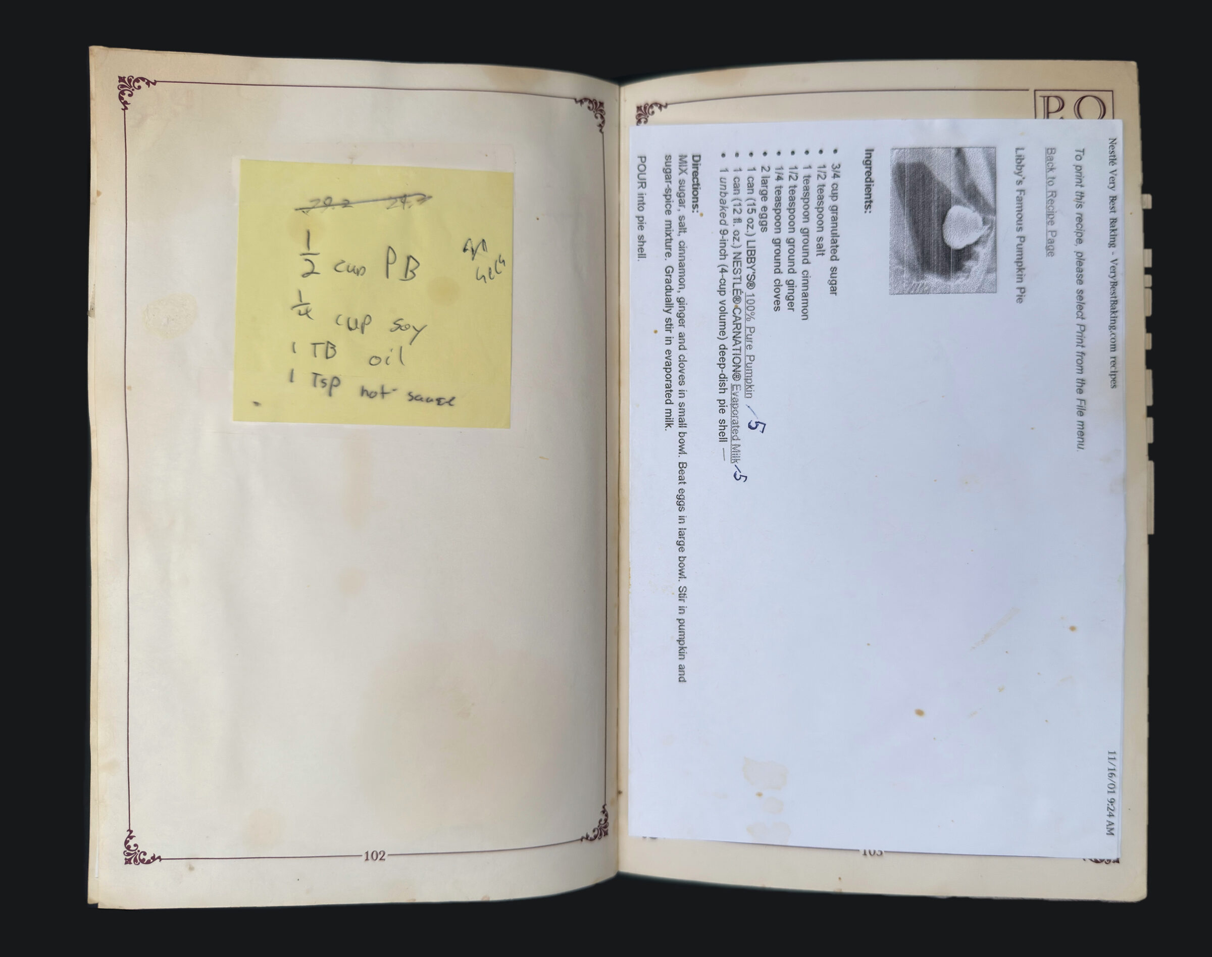 pp. 102–103: Peanut Butter and Soy Sauce (Sticky Note), Libby's Pumpkin Pie