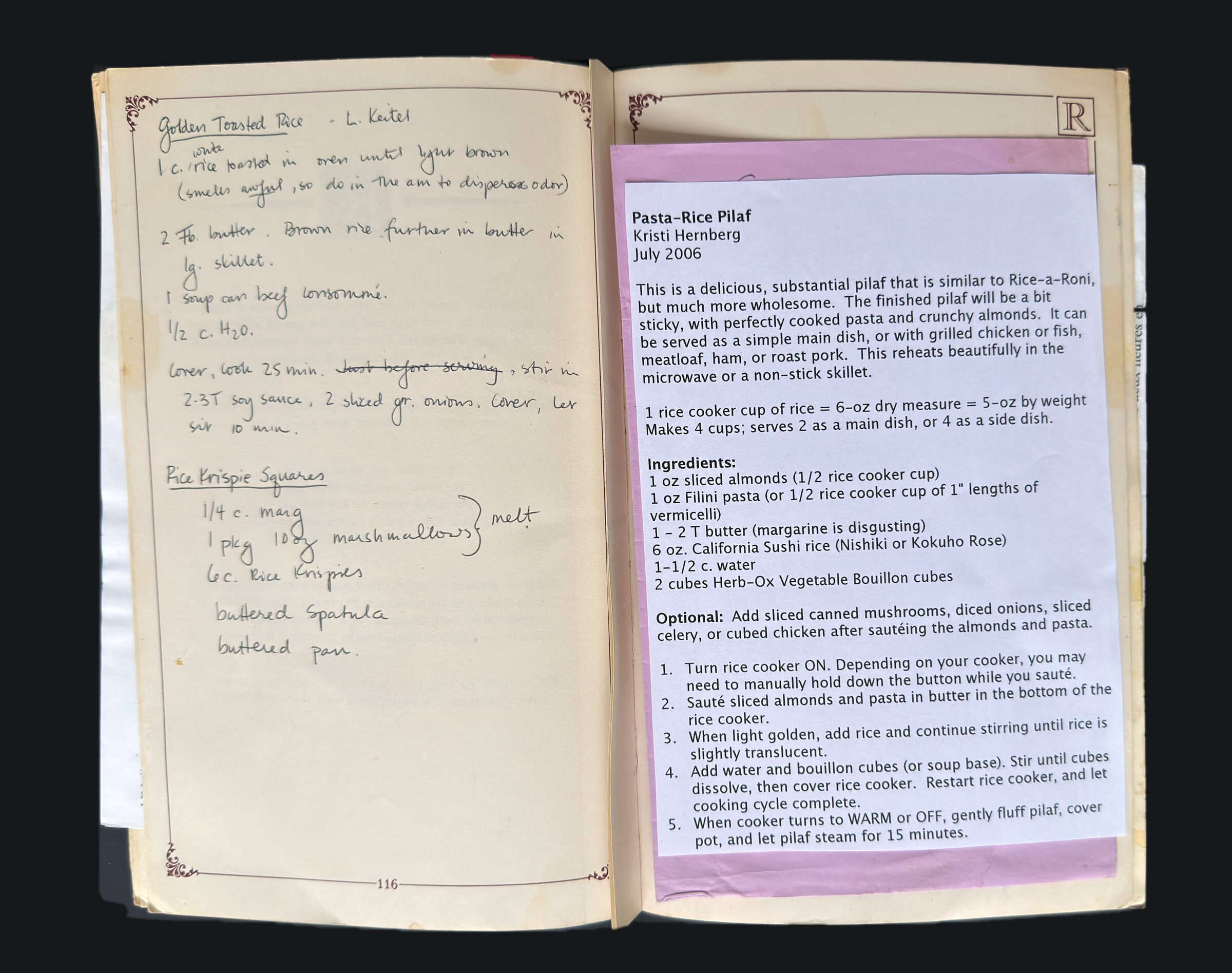 pp. 116–117: Golden Toasted Rice, Rice Krispie Squares, Pasta-Rice Pilaf