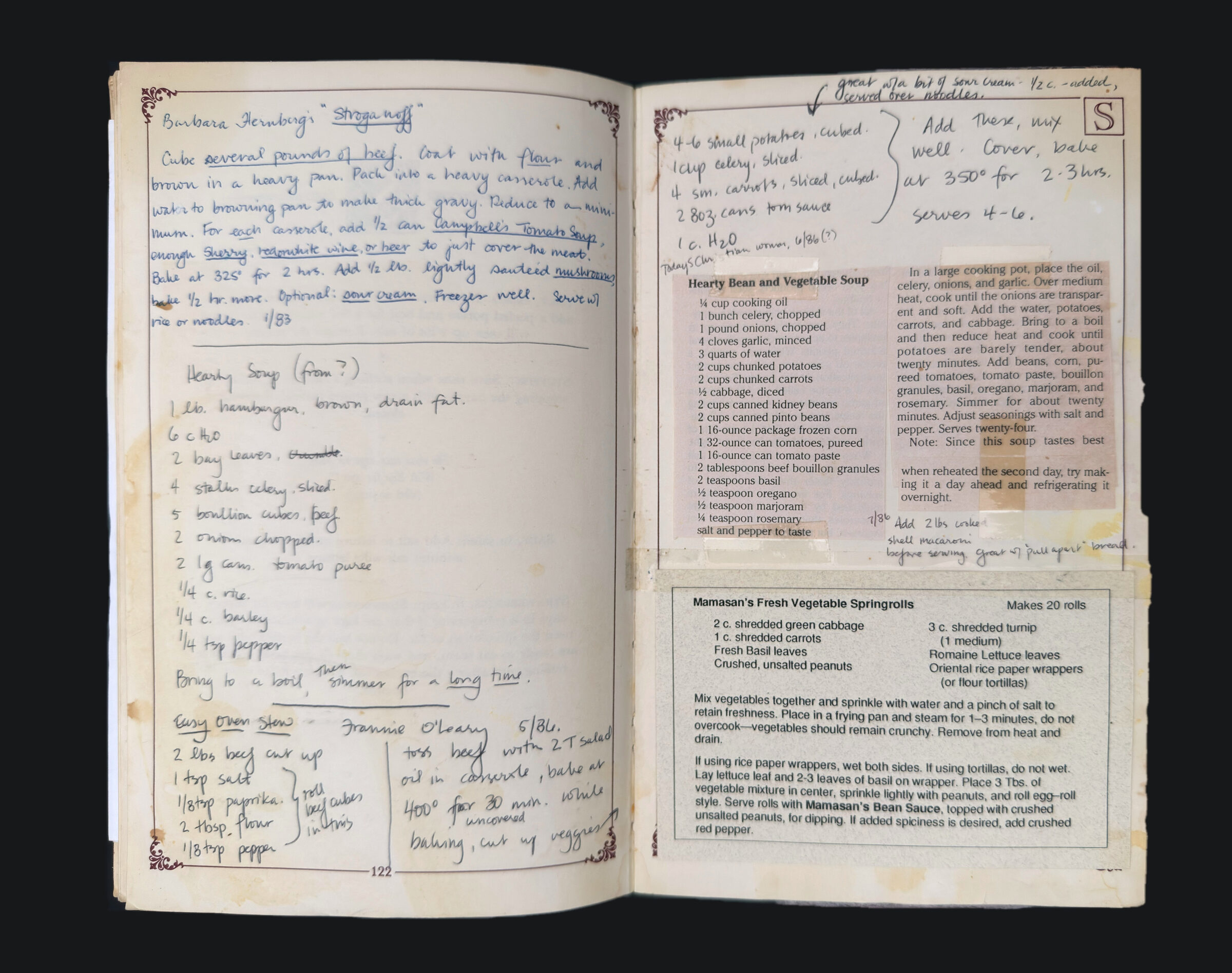 pp. 122–123: Barbara Hernberg's Stroganoff, Hearty Soup, Easy Oven Stew, Hearty Bean and Vegetable Soup, Mamasan's Springrolls
