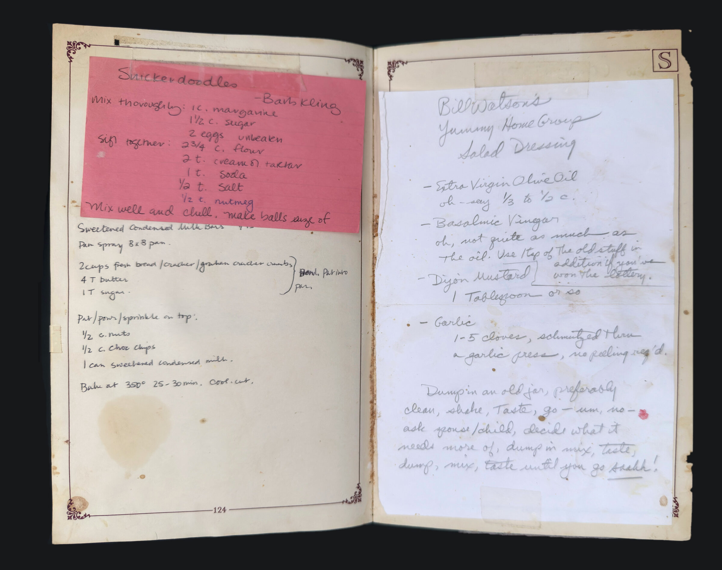 pp. 124–125: Snickerdoodles, Sweetened Condensed Milk Bars, Bill Watson's Salad Dressing