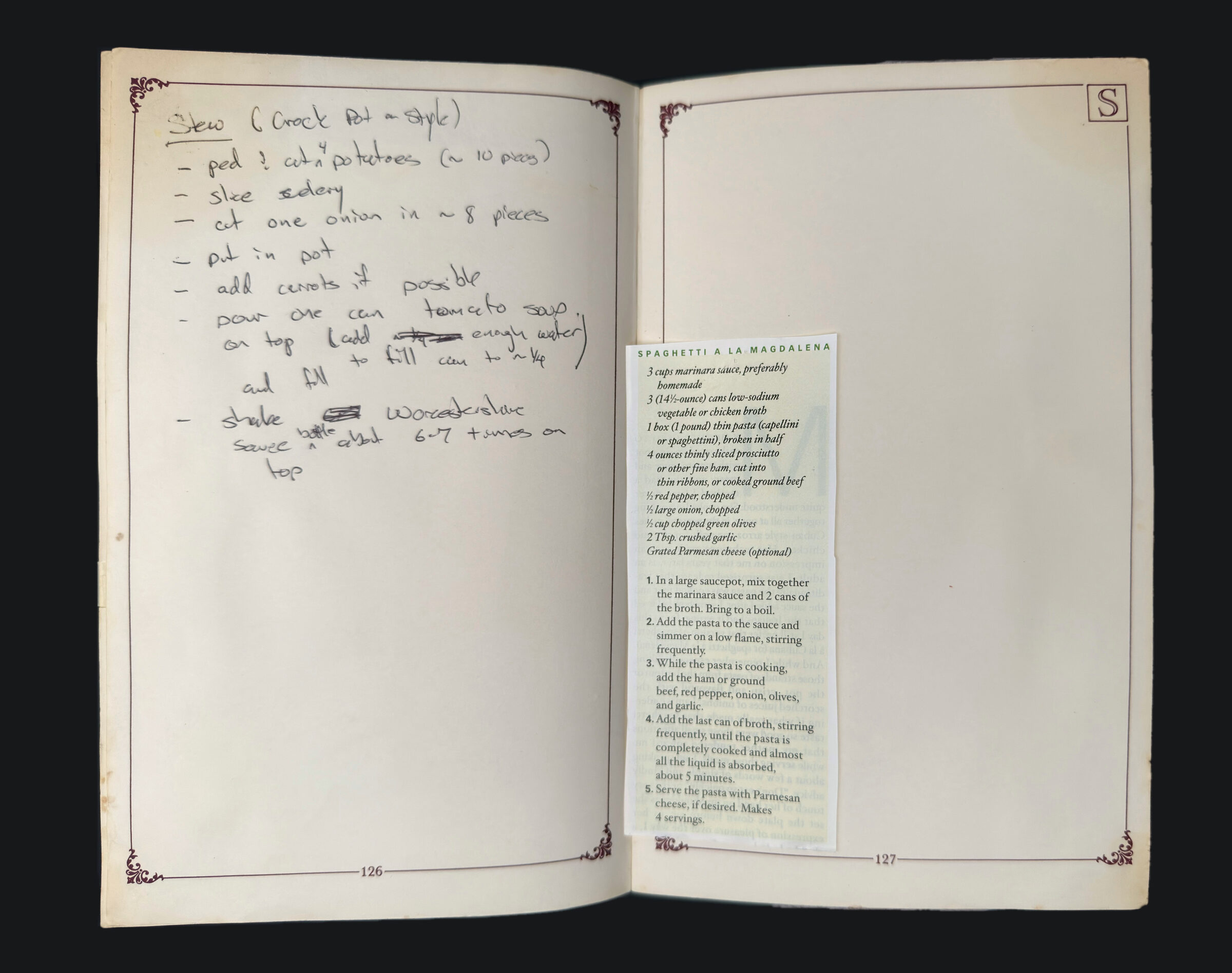 pp. 126–127: Crock Pot Stew, Spaghetti a la Magdalena